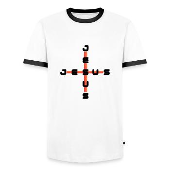 Jésus Jésus rouge - T-shirt contrasté Homme - blanc/noir - Devant - AI Model Female 172 light (172cm) & AI Model Male 178 dark (178cm)