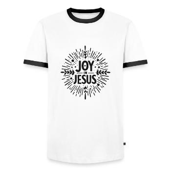 Joy in Jesus - Men's Ringer Shirt - white/black - Front - AI Model Female 172 light (172cm) & AI Model Male 178 dark (178cm)