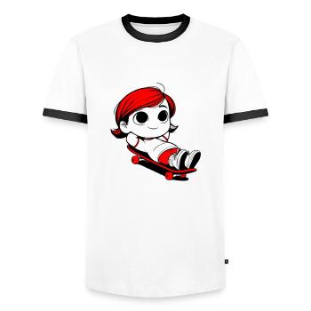 Kathy se relaxant sur une planche à roulettes - T-shirt contrasté Homme - blanc/noir - Devant - AI Model Female 172 light (172cm) & AI Model Male 178 dark (178cm)