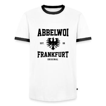 Abbelwoi Frankfurt - FFM - 069 - Männer Kontrast-T-Shirt - Weiß/Schwarz - Vorne - AI Model Female 172 light (172cm) & AI Model Male 178 dark (178cm)