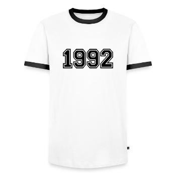 1992 - Männer Kontrast-T-Shirt - Weiß/Schwarz - Vorne - AI Model Female 172 light (172cm) & AI Model Male 178 dark (178cm)