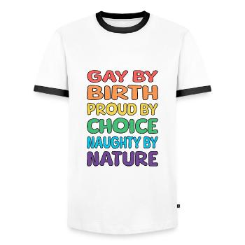 Gay de naissance - T-shirt contrasté Homme - blanc/noir - Devant - AI Model Female 172 light (172cm) & AI Model Male 178 dark (178cm)