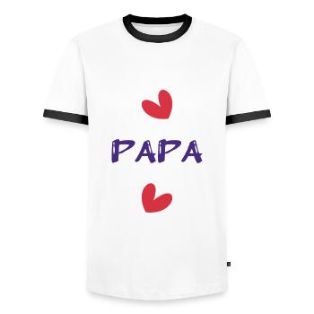DAD. FATHER's DAY. HAPPY BIRTHDAY DAD. HAPPY BIRTHDAY - Men's Ringer Shirt - white/black - Front - AI Model Female 172 light (172cm) & AI Model Male 178 dark (178cm)