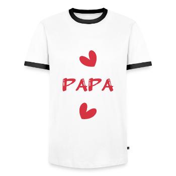 DAD. FATHER's DAY. HAPPY BIRTHDAY DAD. HAPPY BIRTHDAY - Men's Ringer Shirt - white/black - Front - AI Model Female 172 light (172cm) & AI Model Male 178 dark (178cm)
