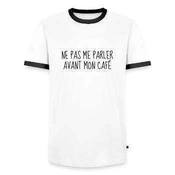 Café - Matin - Citation - Humour - Comique - Fun - T-shirt contrasté Homme - blanc/noir - Devant - AI Model Female 172 light (172cm) & AI Model Male 178 dark (178cm)