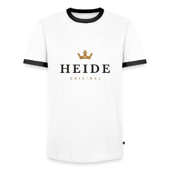 Heide Original Family Logo - Men's Ringer Shirt - white/black - Front - AI Model Female 172 light (172cm) & AI Model Male 178 dark (178cm)
