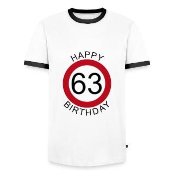 Joyeux anniversaire 63 panneau de signalisation - T-shirt contrasté Homme - blanc/noir - Devant - AI Model Female 172 light (172cm) & AI Model Male 178 dark (178cm)