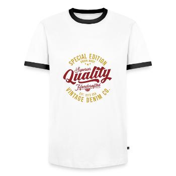 Superior Quality Handcrafted Vintage Style Denim - Men's Ringer Shirt - white/black - Front - AI Model Female 172 light (172cm) & AI Model Male 178 dark (178cm)