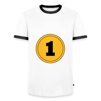 Number 1 - Men's Ringer Shirt - white/black - Front - AI Model Female 172 light (172cm) & AI Model Male 178 dark (178cm)