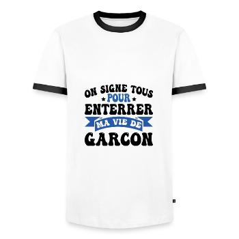 Bachelor Party Humorous Gift - Men's Ringer Shirt - white/black - Front - AI Model Female 172 light (172cm) & AI Model Male 178 dark (178cm)