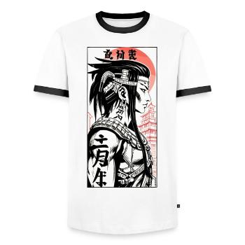 Manga Poster japan man kanji - Men's Ringer Shirt - white/black - Front - AI Model Female 172 light (172cm) & AI Model Male 178 dark (178cm)