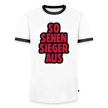SO SEHEN SIEGER AUS - Männer Kontrast-T-Shirt - Weiß/Schwarz - Vorne - AI Model Female 172 light (172cm) & AI Model Male 178 dark (178cm)
