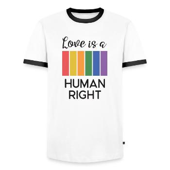 Mois de la fierté LGBT - L’amour est un droit humain - T-shirt contrasté Homme - blanc/noir - Devant - AI Model Female 172 light (172cm) & AI Model Male 178 dark (178cm)