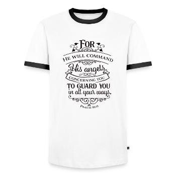Jesus Clothes - Bible Verse Psalm 91:11 Gift - Men's Ringer Shirt - white/black - Front - AI Model Female 172 light (172cm) & AI Model Male 178 dark (178cm)