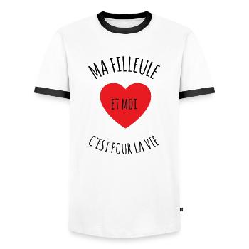 Tshirt ma filleule et moi c'est pour la vie - T-shirt contrasté Homme - blanc/noir - Devant - AI Model Female 172 light (172cm) & AI Model Male 178 dark (178cm)