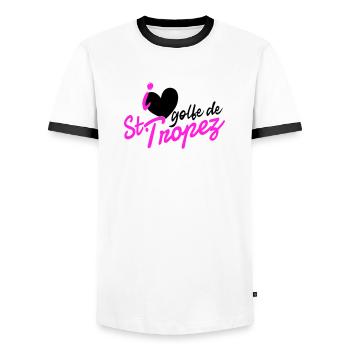 [ i ❤️ Golfe de St★Tropez ] - T-shirt contrasté Homme - blanc/noir - Devant - AI Model Female 172 light (172cm) & AI Model Male 178 dark (178cm)