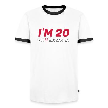 69 - Birthday - Anniversaire - Geburtstag - Humor - Men's Ringer Shirt - white/black - Front - AI Model Female 172 light (172cm) & AI Model Male 178 dark (178cm)