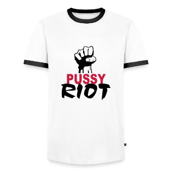 Pussy Riot - Men's Ringer Shirt - white/black - Front - AI Model Female 172 light (172cm) & AI Model Male 178 dark (178cm)