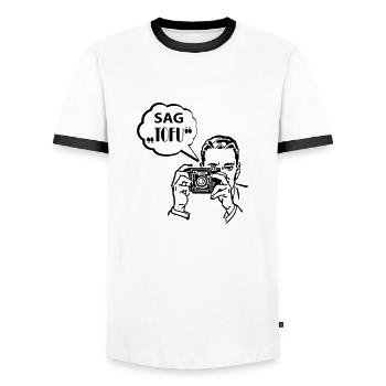 Vegetarian vegan tofu - Men's Ringer Shirt - white/black - Front - AI Model Female 172 light (172cm) & AI Model Male 178 dark (178cm)