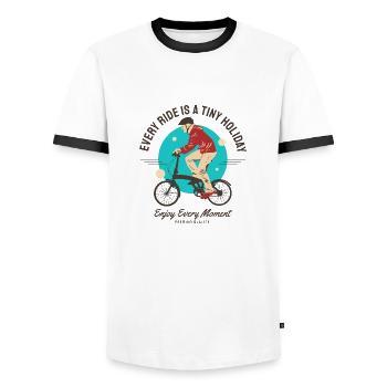 Every Ride is a tiny holiday - folding bicycle - Men's Ringer Shirt - white/black - Front - AI Model Female 172 light (172cm) & AI Model Male 178 dark (178cm)