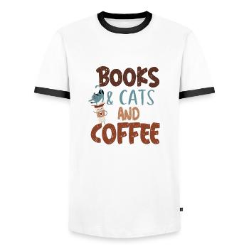 books cats and coffee buch katzen und kaffee lesen - Männer Kontrast-T-Shirt - Weiß/Schwarz - Vorne - AI Model Female 172 light (172cm) & AI Model Male 178 dark (178cm)
