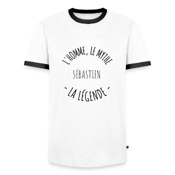 Sébastien l'homme le mythe la légende - T-shirt contrasté Homme - blanc/noir - Devant - AI Model Female 172 light (172cm) & AI Model Male 178 dark (178cm)