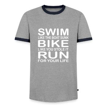 Triathlon Swim Bike Run - Men's Ringer Shirt - grey/navy  - Front - AI Model Female 172 light (172cm) & AI Model Male 178 light (178cm)