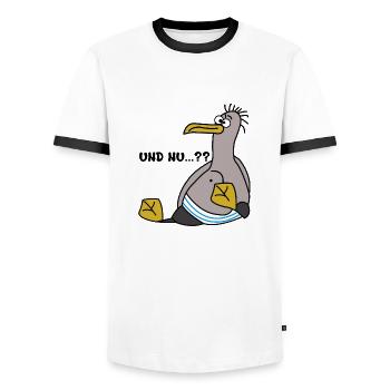 Eine Möwe die schielt und sitzt mit Spruch - Männer Kontrast-T-Shirt - Weiß/Schwarz - Vorne - AI Model Female 172 light (172cm) & AI Model Male 178 dark (178cm)