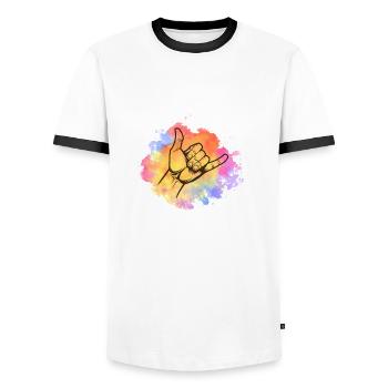 Shaka Greeting Hand Signal - Men's Ringer Shirt - white/black - Front - AI Model Female 172 light (172cm) & AI Model Male 178 dark (178cm)