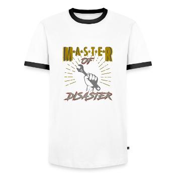 Maître de l’artisan des catastrophes - T-shirt contrasté Homme - blanc/noir - Devant - AI Model Female 172 light (172cm) & AI Model Male 178 dark (178cm)