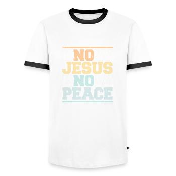 Know Jesus Know Peace No Hate Christian Bible Love - Men's Ringer Shirt - white/black - Front - AI Model Female 172 light (172cm) & AI Model Male 178 dark (178cm)