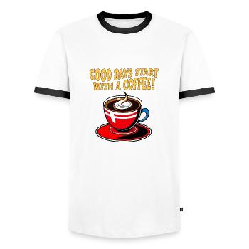 Good Days Start with a Coffee! - Men's Ringer Shirt - white/black - Front - AI Model Female 172 light (172cm) & AI Model Male 178 dark (178cm)