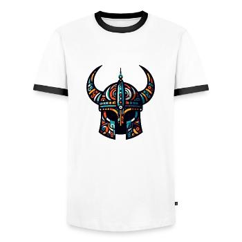 Wikingerhelm mit abstraktem Muster - Männer Kontrast-T-Shirt - Weiß/Schwarz - Vorne - AI Model Female 172 light (172cm) & AI Model Male 178 dark (178cm)
