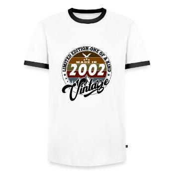 Elegant Vintage: 2002 Retro Gift 2002 2025 - Men's Ringer Shirt - white/black - Front - AI Model Female 172 light (172cm) & AI Model Male 178 dark (178cm)