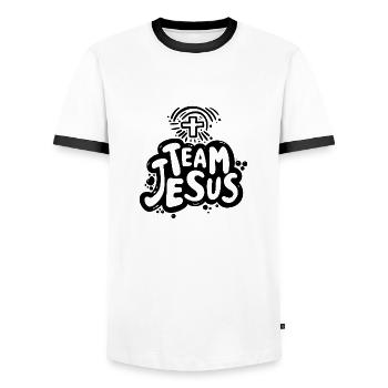 Team Jesus Logo - Black - Men's Ringer Shirt - white/black - Front - AI Model Female 172 light (172cm) & AI Model Male 178 dark (178cm)
