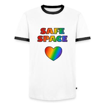 LGBT Safe Space Rainbow Heart - Men's Ringer Shirt - white/black - Front - AI Model Female 172 light (172cm) & AI Model Male 178 dark (178cm)