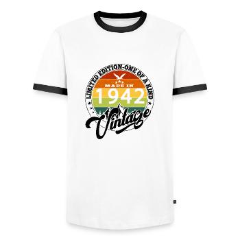 1942 Birthday Born in 1942 Vintage Retro. Editio - Men's Ringer Shirt - white/black - Front - AI Model Female 172 light (172cm) & AI Model Male 178 dark (178cm)