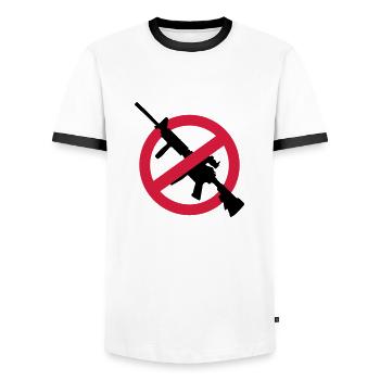 Anti Weapons Against Weapons Rifle Ban Demo Guns - Men's Ringer Shirt - white/black - Front - AI Model Female 172 light (172cm) & AI Model Male 178 dark (178cm)