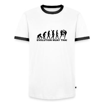 Evolution Muay Thai - Men's Ringer Shirt - white/black - Front - AI Model Female 172 light (172cm) & AI Model Male 178 dark (178cm)