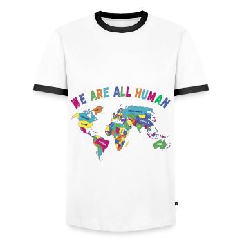 LGBT Pride Monat Weltkarte, Wir sind alle Menschen - Männer Kontrast-T-Shirt - Weiß/Schwarz - Vorne - AI Model Female 172 light (172cm) & AI Model Male 178 dark (178cm)