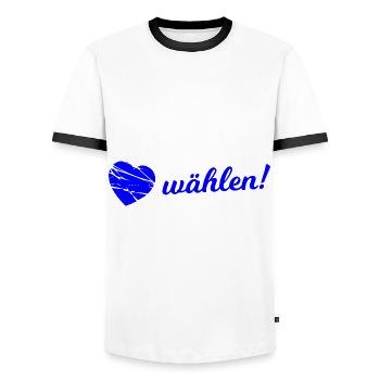 Choose the blue ones now - Men's Ringer Shirt - white/black - Front - AI Model Female 172 light (172cm) & AI Model Male 178 dark (178cm)
