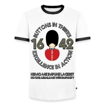 Scots Guards, Buttons in Threes - Men's Ringer Shirt - white/black - Front - AI Model Female 172 light (172cm) & AI Model Male 178 dark (178cm)