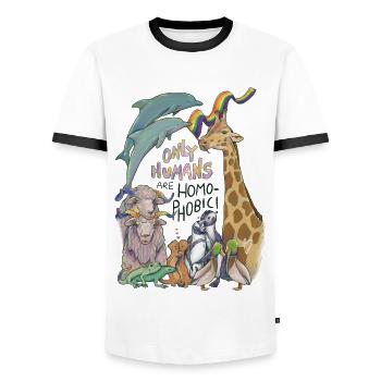 "Only Humans are homophobic" Pride Animals - Men's Ringer Shirt - white/black - Front - AI Model Female 172 light (172cm) & AI Model Male 178 dark (178cm)