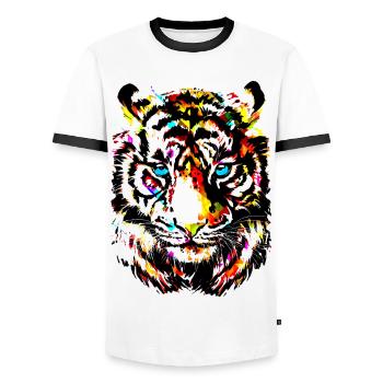 Colorful Tiger - Yellow Tiger Head - Tiger Drawing - Men's Ringer Shirt - white/black - Front - AI Model Female 172 light (172cm) & AI Model Male 178 dark (178cm)