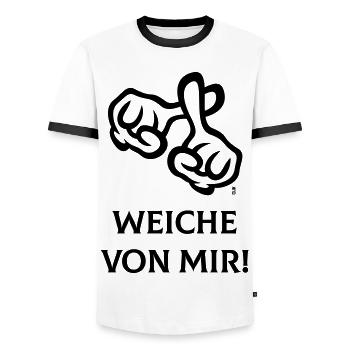 Weiche Von Mir! (Kreuz / Bibel / Religion / 1C) - Männer Kontrast-T-Shirt - Weiß/Schwarz - Vorne - AI Model Female 172 light (172cm) & AI Model Male 178 dark (178cm)