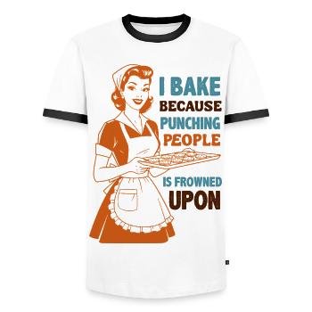 Dicton rétro de cuisine de Backenwitz : Cuisiner au lieu de battre - T-shirt contrasté Homme - blanc/noir - Devant - AI Model Female 172 light (172cm) & AI Model Male 178 dark (178cm)
