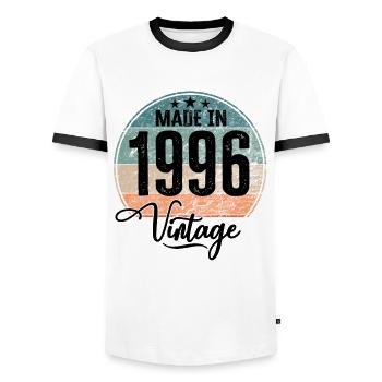Vintage Made in 1996 Year of birth 1996 Birthday - Men's Ringer Shirt - white/black - Front - AI Model Female 172 light (172cm) & AI Model Male 178 dark (178cm)