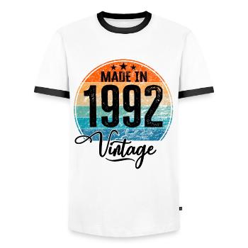 Vintage Made in 1992 Year of Birth 1992 Birthday - Men's Ringer Shirt - white/black - Front - AI Model Female 172 light (172cm) & AI Model Male 178 dark (178cm)