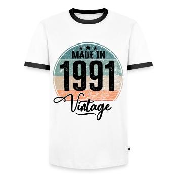 Millésime Fabriqué en 1991 Année de naissance 1991 Anniversaire - T-shirt contrasté Homme - blanc/noir - Devant - AI Model Female 172 light (172cm) & AI Model Male 178 dark (178cm)
