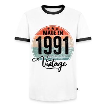 Millésime Fabriqué en 1991 Année de naissance 1991 Anniversaire - T-shirt contrasté Homme - blanc/noir - Devant - AI Model Female 172 light (172cm) & AI Model Male 178 dark (178cm)